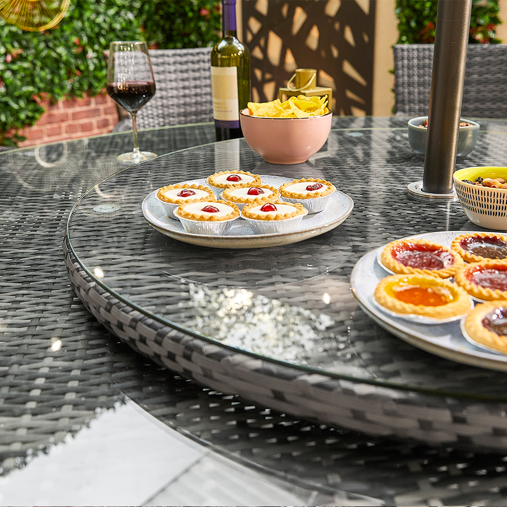 snacks are served on rattan lazy susan