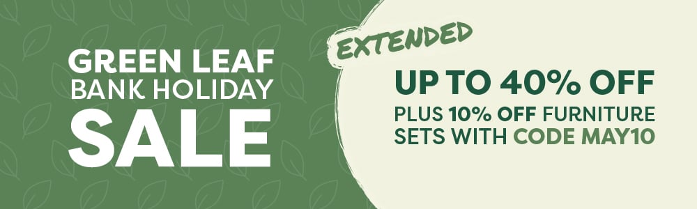 A banner that reads: Green Leaf Sale up to 40%, plus 10% off furniture sets with code MAY10