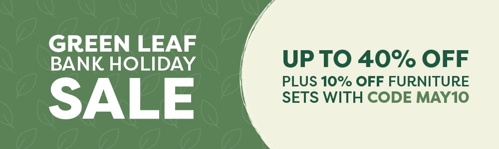 A banner that reads: Green Leaf Sale up to 40%, plus 10% off furniture sets with code MAY10