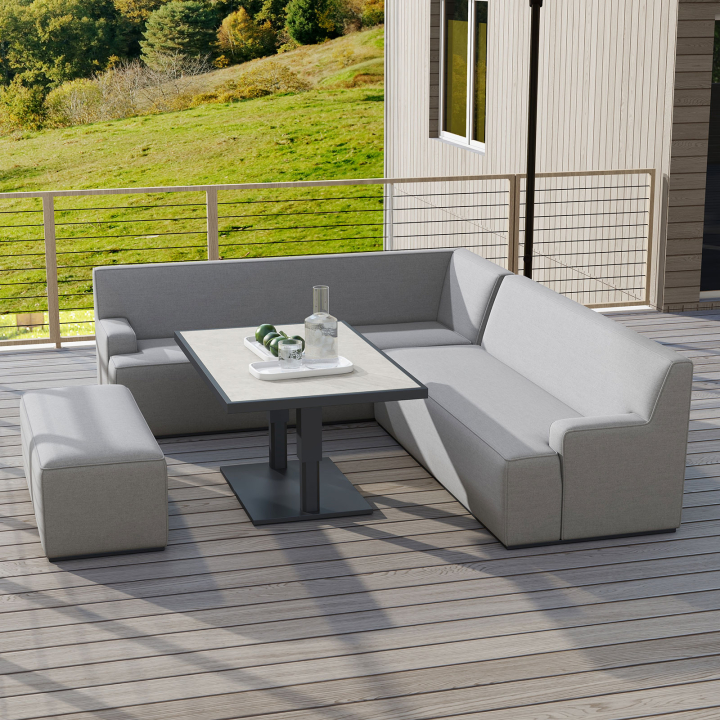 Hugh L-Shaped Corner All Weather Fabric Aluminium Lounge Dining Set with Bench - Adjustable Rising Table
