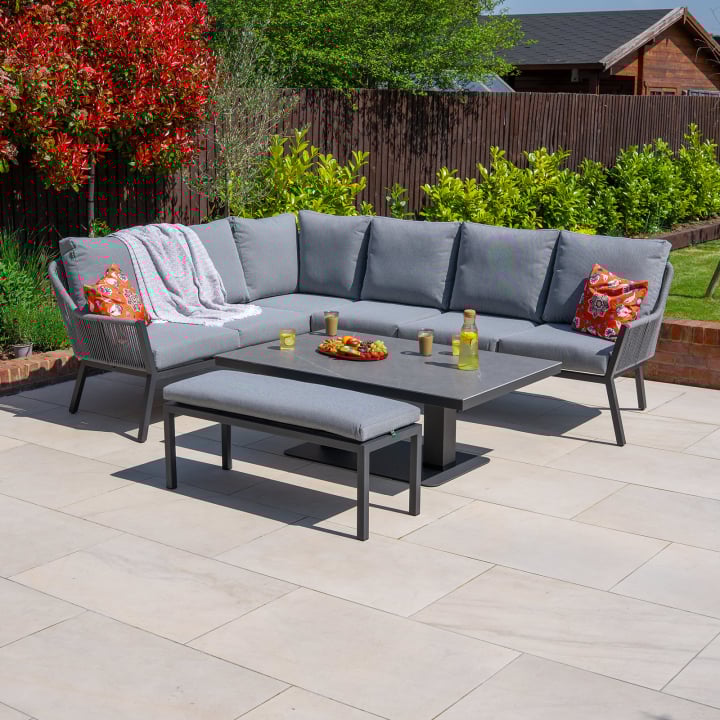 Darcey L-Shaped Corner Rope Aluminium Lounge Dining Set with Bench