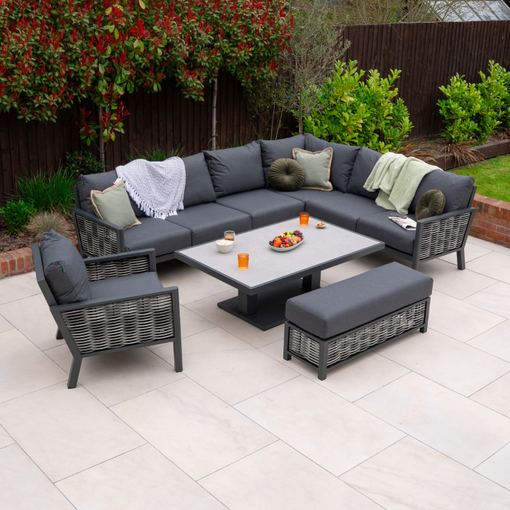 Caleb L-Shaped Corner Rattan Aluminium Lounge Dining Set with Armchair and Bench