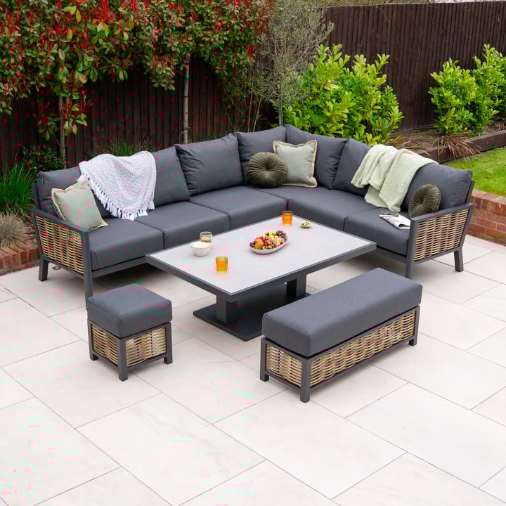 Caleb L-Shaped Corner Rattan Aluminium Lounge Dining Set with Bench and Stool