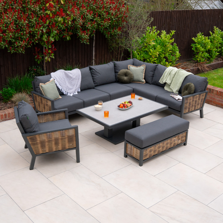 Caleb L-Shaped Corner Rattan Aluminium Lounge Dining Set with Armchair and Bench