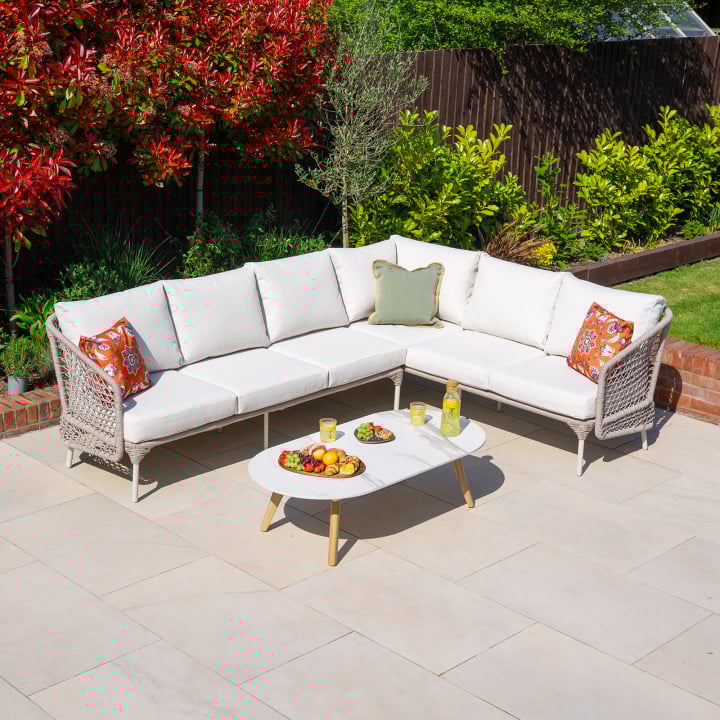 Fleur Rope Aluminium Wood Look Large Corner Sofa Lounging Set in Pebble