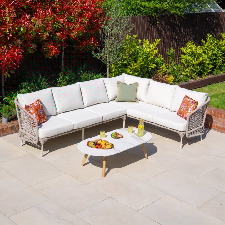 Fleur Rope Aluminium Wood Look Large Corner Sofa Lounging Set in Pebble
