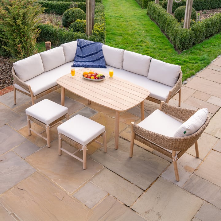 Hailey L-Shaped Corner Wood Rattan Lounge Dining Set with Armchair and Stools