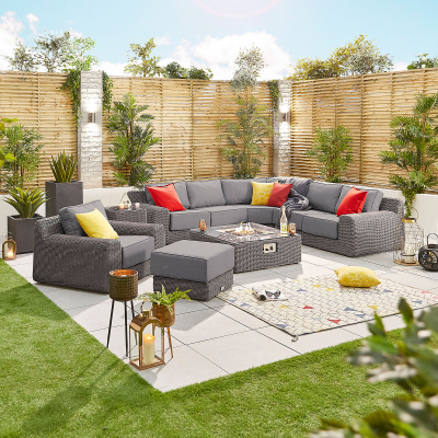 Luxor Rattan Curved Corner Sofa Lounging Set with Square Fire Pit Coffee Table & Footstool & 1 Armchair in Slate Grey