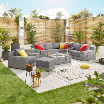 Luxor Rattan Curved Corner Sofa Lounging Set with Square Fire Pit Coffee Table & Footstool & 1 Armchair in White Wash