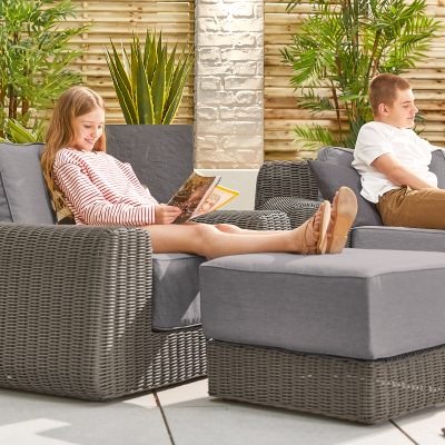 Luxor Rattan L-Shaped Curved Corner Sofa Lounging Set with Rectangular Coffee Table & Footstool & 1 Armchair in Slate Grey