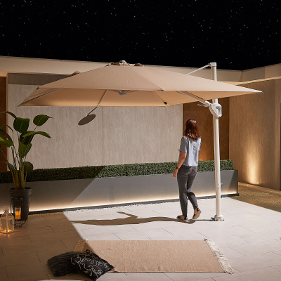 Galaxy 3.0m x 3.0m Square LED Aluminium Cantilever Parasol - Beige Canopy and White Frame