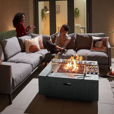 Albany Square GRC Gas Fire Pit Table with Windguard in Light Grey