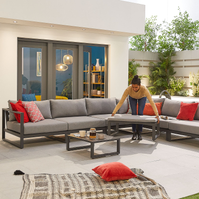 Alessandria Aluminium Corner Sofa Lounging Set with Footstool with Nested Coffee Table & No Armchairs in Graphite Grey