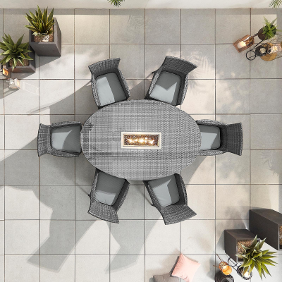 Amelia 6 Seat Rattan Dining Set - Oval Gas Fire Pit Table in Grey Rattan