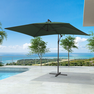 Barbados 3.0m x 2.0m Rectangular Aluminium Cantilever Parasol - Green Canopy, Grey Frame and 60Kg Base