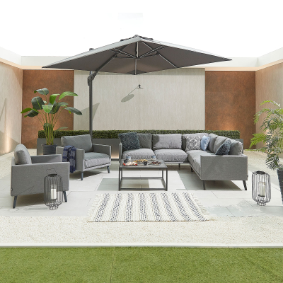Bliss All Weather Fabric Aluminium Corner Sofa Lounging Set with Square Coffee Table & 2 Armchairs in Ash Grey