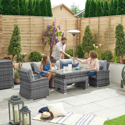 Cambridge 3 Seater Rattan Lounge Dining Set with 2 Armchairs - Rising Table in Grey Rattan