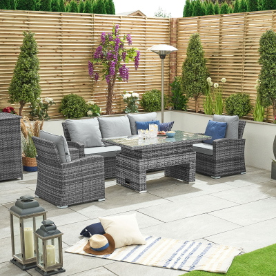 Cambridge 3 Seater Rattan Lounge Dining Set with 2 Armchairs - Rising Table in Grey Rattan