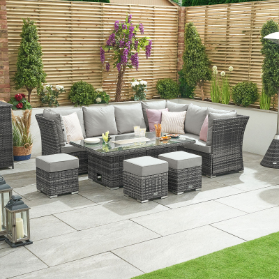 Cambridge L-Shaped Corner Reclining Arms Rattan Lounge Dining Set with 3 Stools - Right Handed Rising Gas Fire Pit Table in Grey Rattan