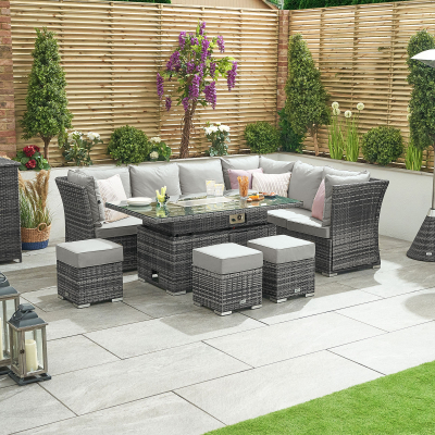 Cambridge L-Shaped Corner Reclining Arms Rattan Lounge Dining Set with 3 Stools - Right Handed Rising Gas Fire Pit Table in Grey Rattan