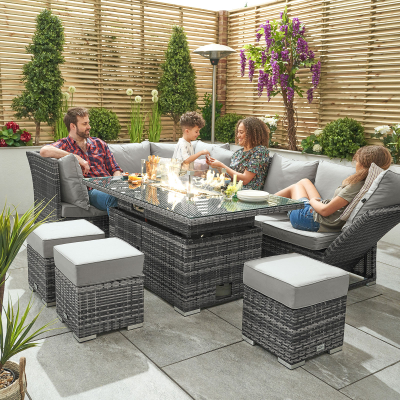 Cambridge L-Shaped Corner Reclining Arms Rattan Lounge Dining Set with 3 Stools - Left Handed Rising Gas Fire Pit Table in Grey Rattan
