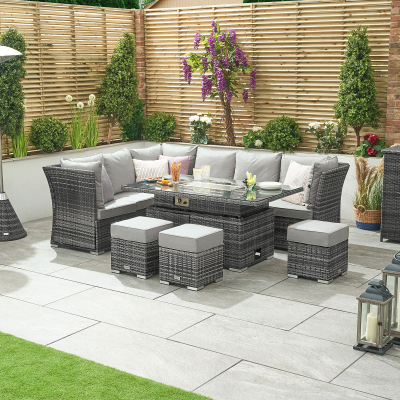 Cambridge L-Shaped Corner Reclining Arms Rattan Lounge Dining Set with 3 Stools - Left Handed Rising Gas Fire Pit Table in Grey Rattan