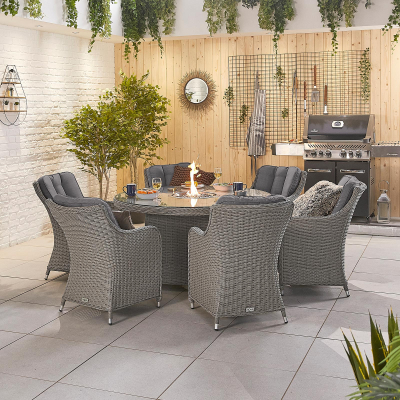 Camilla 6 Seat Rattan Dining Set - Round Gas Fire Pit Table in White Wash