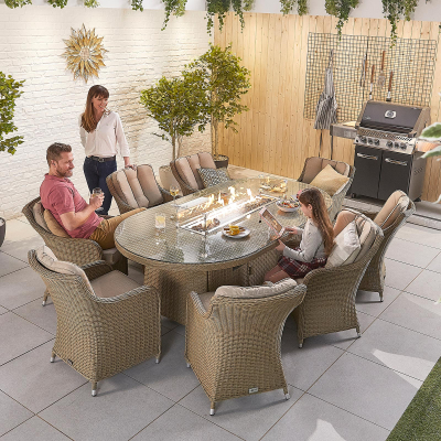 Camilla 8 Seat Rattan Dining Set - Oval Gas Fire Pit Table in Willow