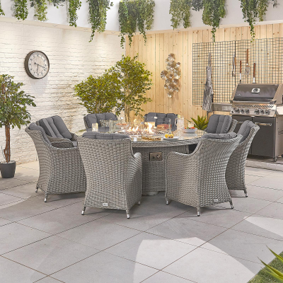 Camilla 8 Seat Rattan Dining Set - Round Gas Fire Pit Table in White Wash