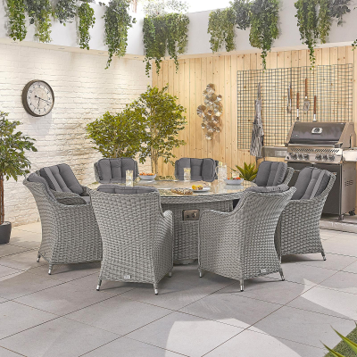 Camilla 8 Seat Rattan Dining Set - Round Gas Fire Pit Table in White Wash