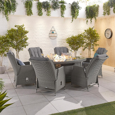 Carolina 6 Seat Rattan Dining Set - Oval Gas Fire Pit Table in Slate Grey