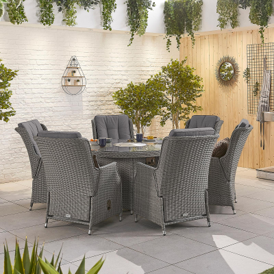 Carolina 6 Seat Rattan Dining Set - Round Gas Fire Pit Table in Slate Grey