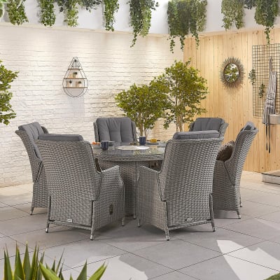 Carolina 6 Seat Rattan Dining Set - Round Gas Fire Pit Table in White Wash