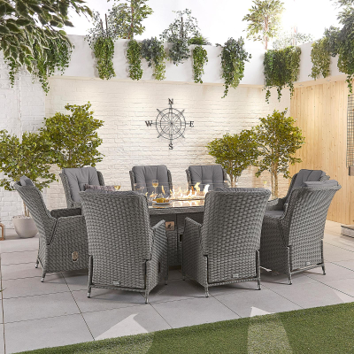 Carolina 8 Seat Rattan Dining Set - Oval Gas Fire Pit Table in Slate Grey