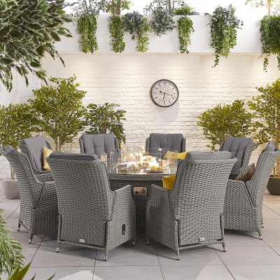 Carolina 8 Seat Rattan Dining Set - Round Gas Fire Pit Table in Slate Grey