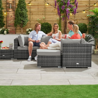 Chelsea Rattan Corner Sofa Lounging Set with Footstool & Coffee Table with No Additional Table & No Ice Buckets in Grey Rattan