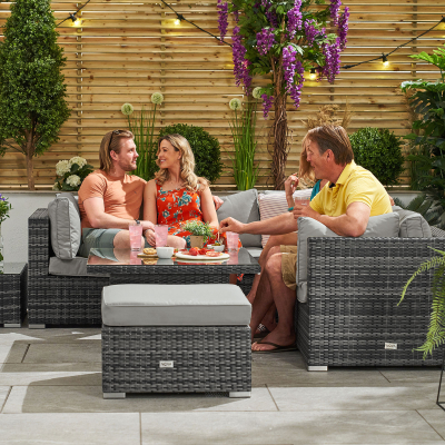 Chelsea Rattan Corner Sofa Lounging Set with Footstool & Coffee Table with Rising Table & No Ice Buckets in Grey Rattan