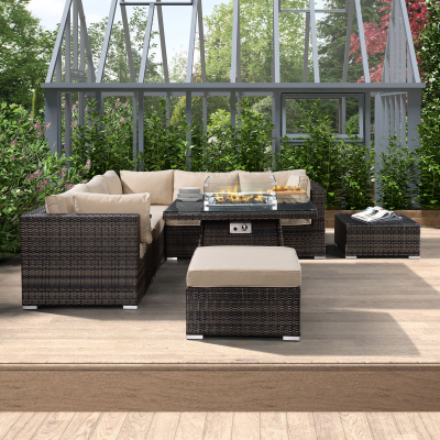 Chelsea Rattan Corner Sofa Lounging Set with Footstool & Coffee Table with Fire Pit Dining Table & No Ice Buckets in Brown Rattan