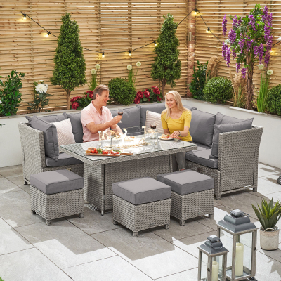 Ciara L-Shaped Corner Reclining Arms Rattan Lounge Dining Set with 3 Stools - Right Handed Gas Fire Pit Table in White Wash