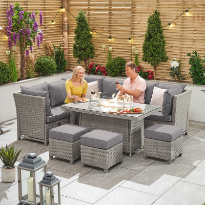Ciara L-Shaped Corner Reclining Arms Rattan Lounge Dining Set with 3 Stools - Left Handed Gas Fire Pit Table in White Wash