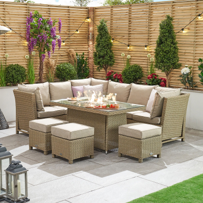 Ciara L-Shaped Corner Reclining Arms Rattan Lounge Dining Set with 3 Stools - Left Handed Gas Fire Pit Table in Willow