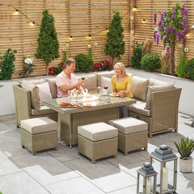 Ciara L-Shaped Corner Reclining Arms Rattan Lounge Dining Set with 3 Stools - Right Handed Gas Fire Pit Table in Willow