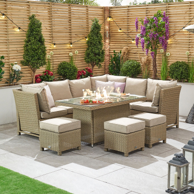 Ciara L-Shaped Corner Reclining Arms Rattan Lounge Dining Set with 3 Stools - Right Handed Gas Fire Pit Table in Willow