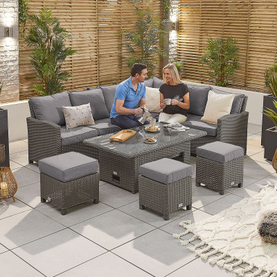 Ciara L-Shaped Corner Rattan Lounge Dining Set with 3 Stools - Right Handed Rising with Parasol Hole Table in Slate Grey
