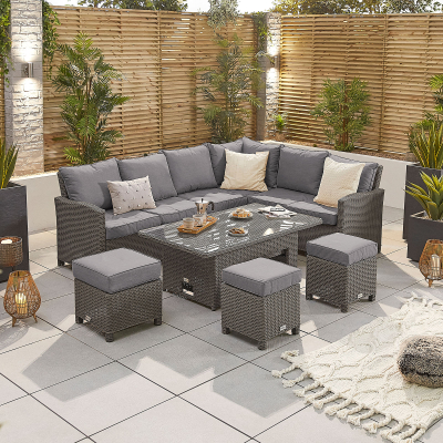 Ciara L-Shaped Corner Rattan Lounge Dining Set with 3 Stools - Right Handed Rising with Parasol Hole Table in Slate Grey