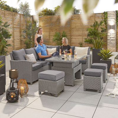 Ciara L-Shaped Corner Rattan Lounge Dining Set with 3 Stools - Right Handed Rising with Parasol Hole Table in White Wash