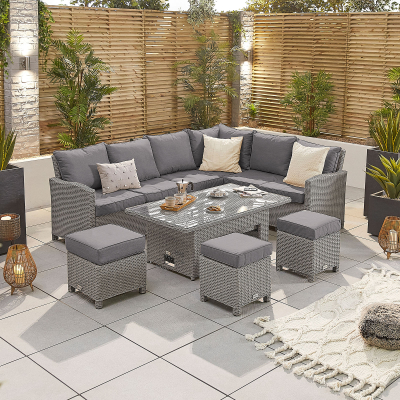 Ciara L-Shaped Corner Rattan Lounge Dining Set with 3 Stools - Right Handed Rising with Parasol Hole Table in White Wash
