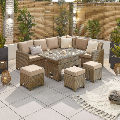 Ciara L-Shaped Corner Rattan Lounge Dining Set with 3 Stools - Right Handed Rising with Parasol Hole Table in Willow