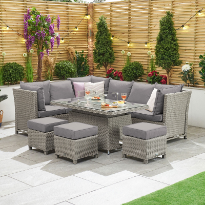 Ciara L-Shaped Corner Reclining Arms Rattan Lounge Dining Set with 3 Stools - Left Handed Rising Gas Fire Pit Table in White Wash