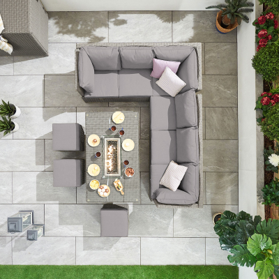 Ciara L-Shaped Corner Reclining Arms Rattan Lounge Dining Set with 3 Stools - Left Handed Rising Gas Fire Pit Table in White Wash
